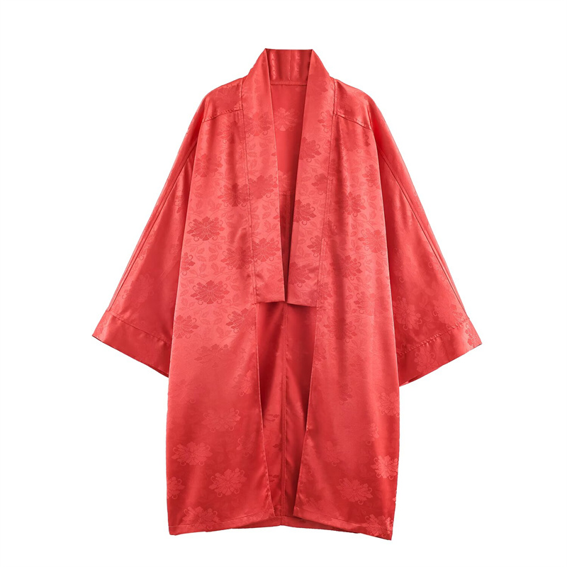 Embroidery A - 2026 lente dameskimono van rood bloemenjacquard