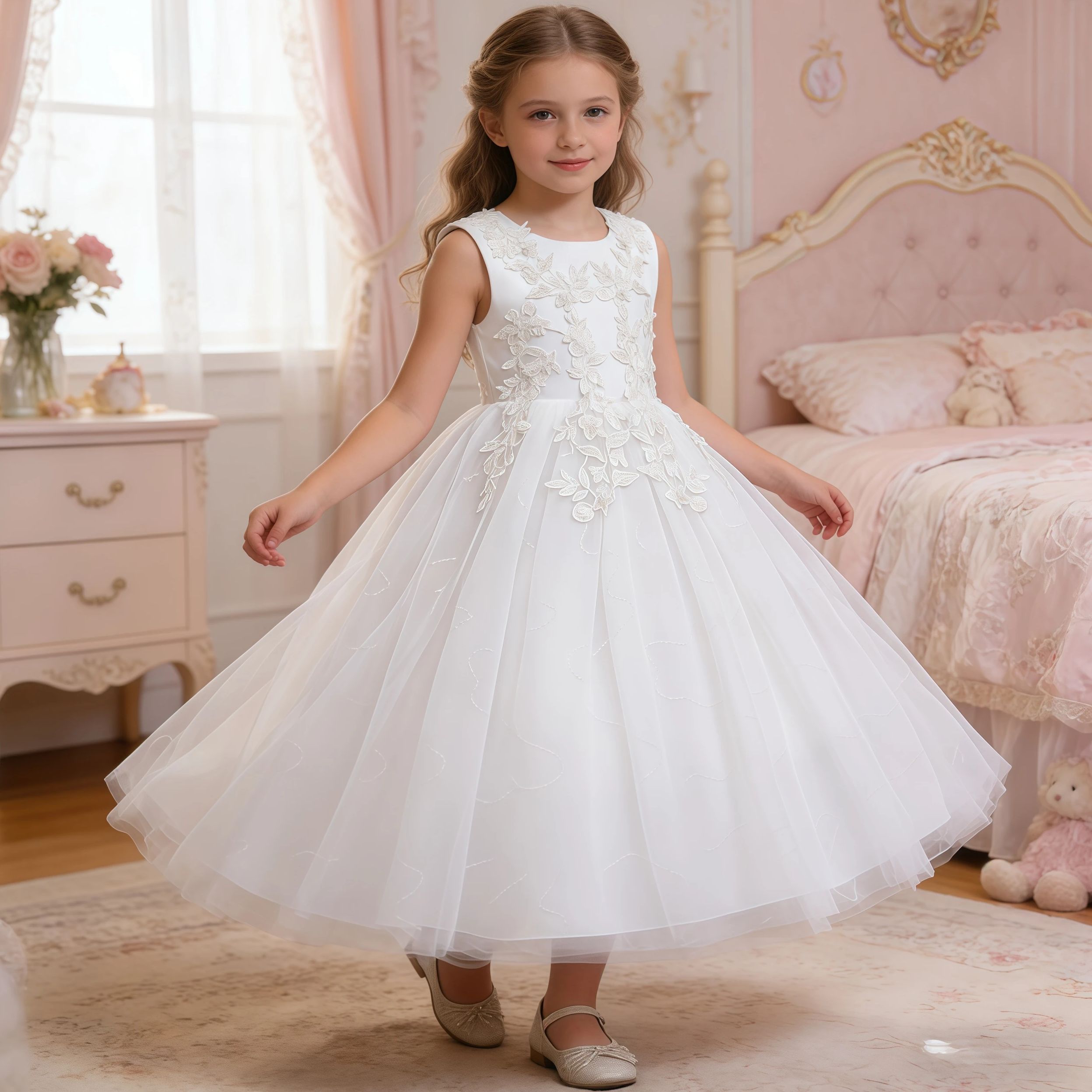 Embroidery White Dress - Tienermeisjes pailletten borduurwerk bruidsmeisje lange witte