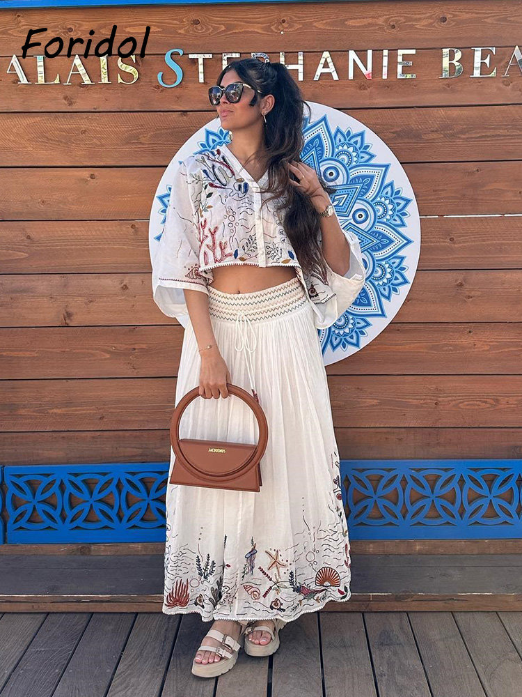 Embroidery White Dress - Foridol Mariene Organismen Borduren Batwing Mouw