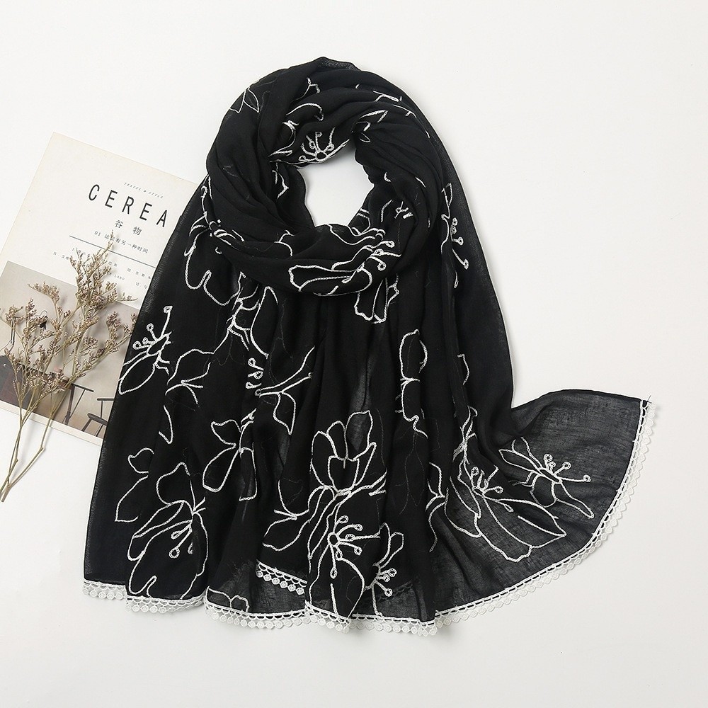 Embroidery Hijab - Veelzijdige elegante hijab-sjaal met dunne bloemenborduursels,