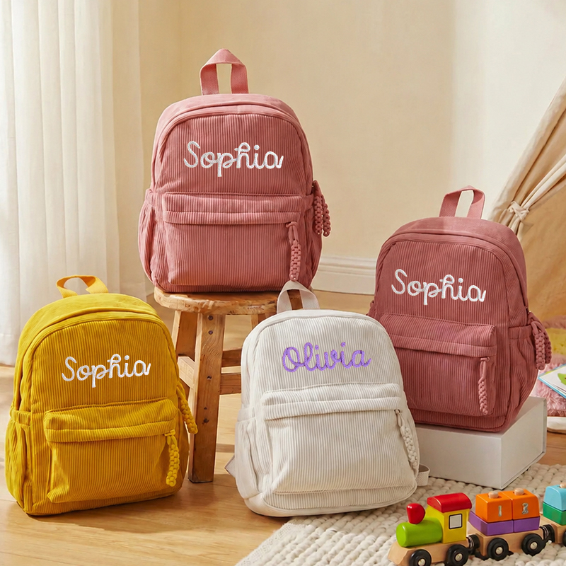 Embroidery Names - Gepersonaliseerde corduroy peuterrugzak met aangepaste naam,