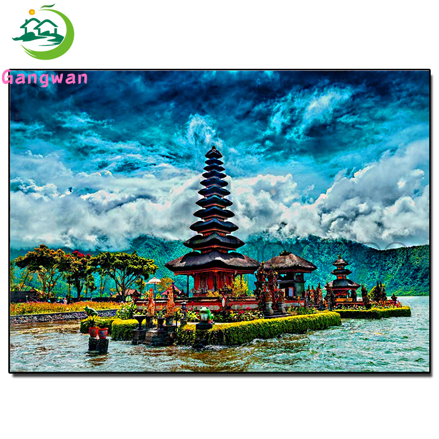 Embroidery Bali - Schilderachtige Gebouw Diamant Painting Mozaïek Meer