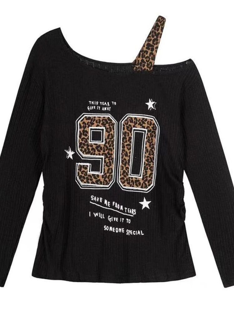 Embroidery A - Y2K patchwork T-shirt met luipaardprint dames
