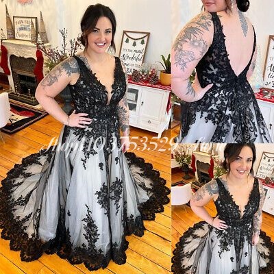 Embroidery Gothic - Gothic V-hals Trouwjurken Zwart Wit Geborduurd