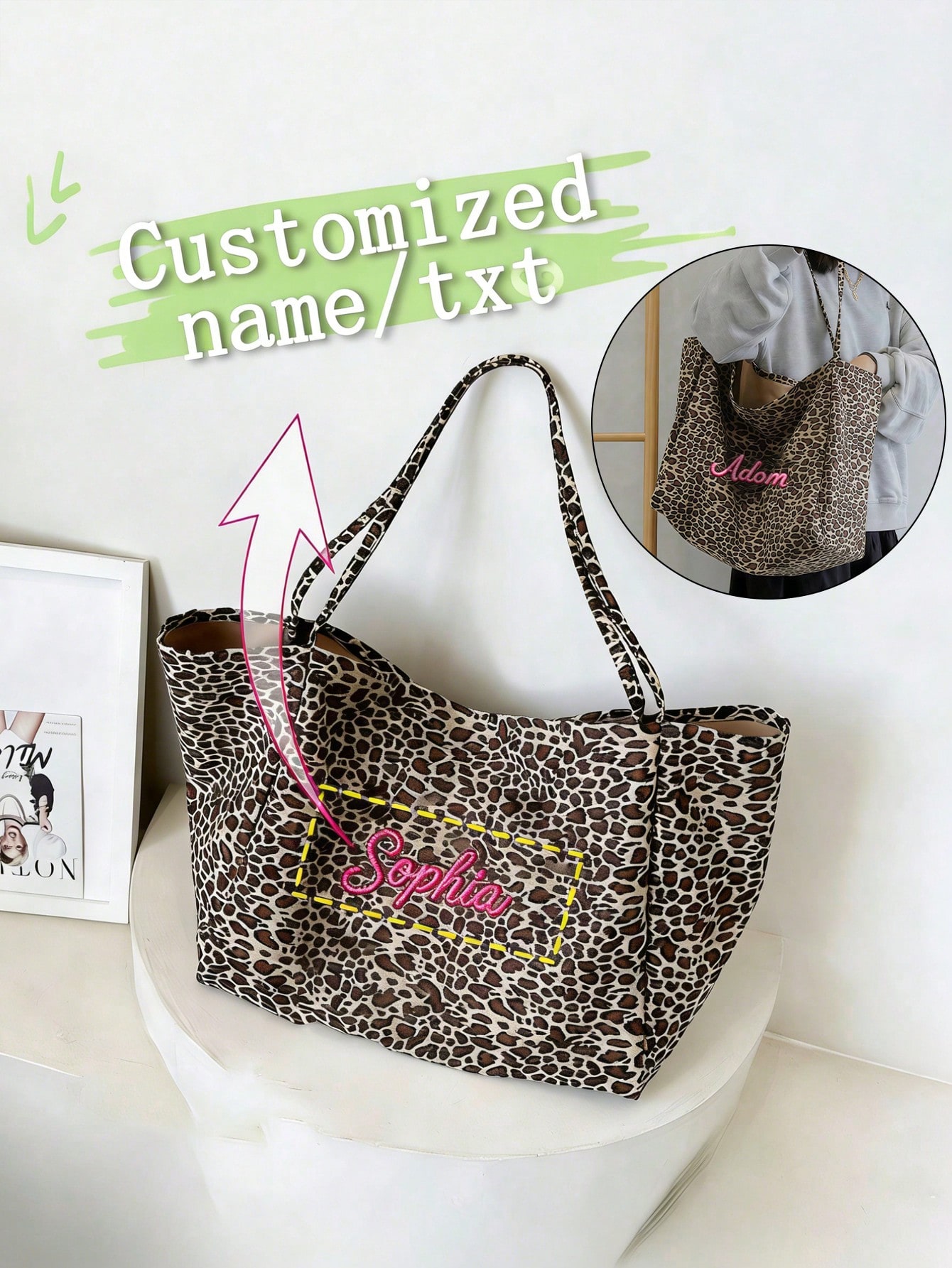 Embroidery Names - Aangepaste naam luipaardprint draagtas dames schoudertas