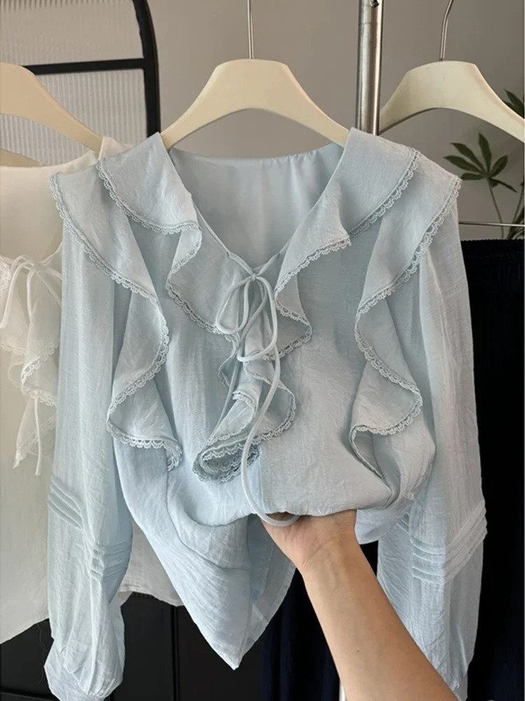 Embroidery A - Franse V-hals chique blouse met lange