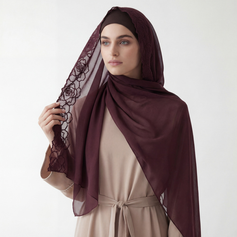 Embroidery Hijab - Paarse Chiffon Hijab Shawls Vrouwen Borduren